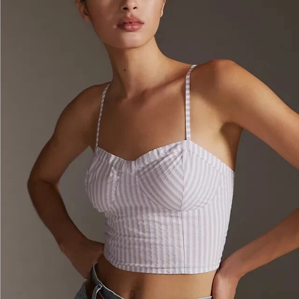NWT Anthropologie White and Purple Striped Bustier Tank Top Ruched Back Size XL